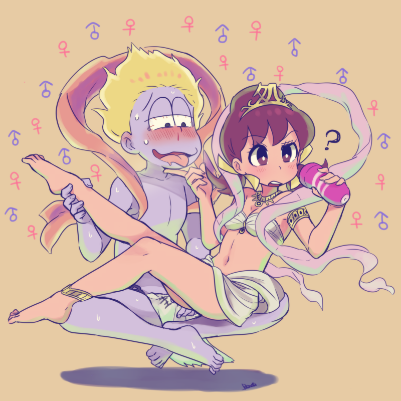 10s 1boy 1girl ? anklet artificial_vagina bad_id bad_pixiv_id bandeau barefoot blonde_hair bloodshot_eyes blush bow breasts brown_eyes bulge chain cleavage colored_skin drooling erection erection_under_clothes feet floating hair_bow indian_style jewelry loincloth low_twintails mars_symbol matsuno_ichimatsu medium_breasts navel open_mouth osomatsu-kun osomatsu-san osomatsu_(series) purple_skin remotarou sex_toy short_twintails simple_background sitting tan_background tenga tiara twintails venus_symbol yowai_totoko