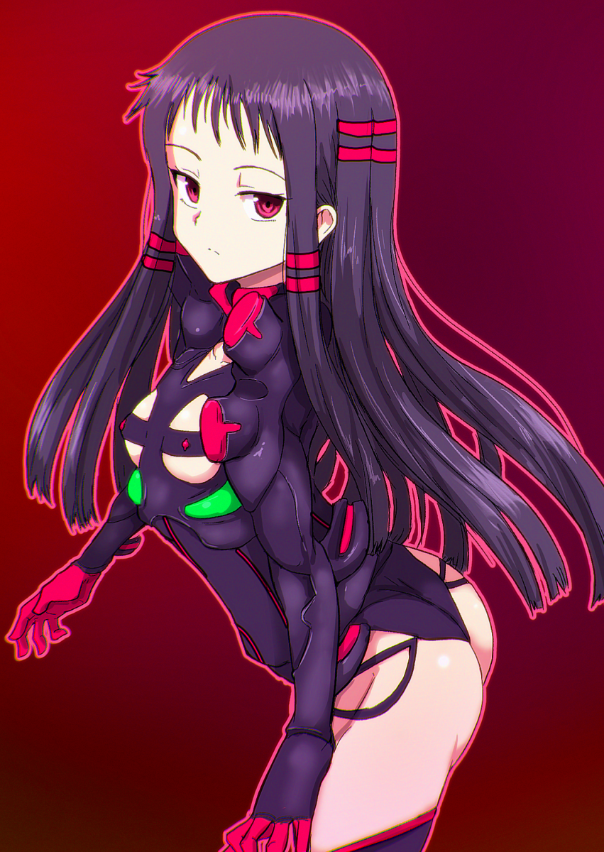 1girl ar_tonelico ar_tonelico_ii ass breasts chromatic_aberration closed_mouth collarbone cowboy_shot frown gradient_background highres hiramine_akira jakuri_(ar_tonelico) leotard long_hair outline pink_eyes pink_outline purple_hair purple_leotard short_bangs small_breasts solo split_mouth straight_hair