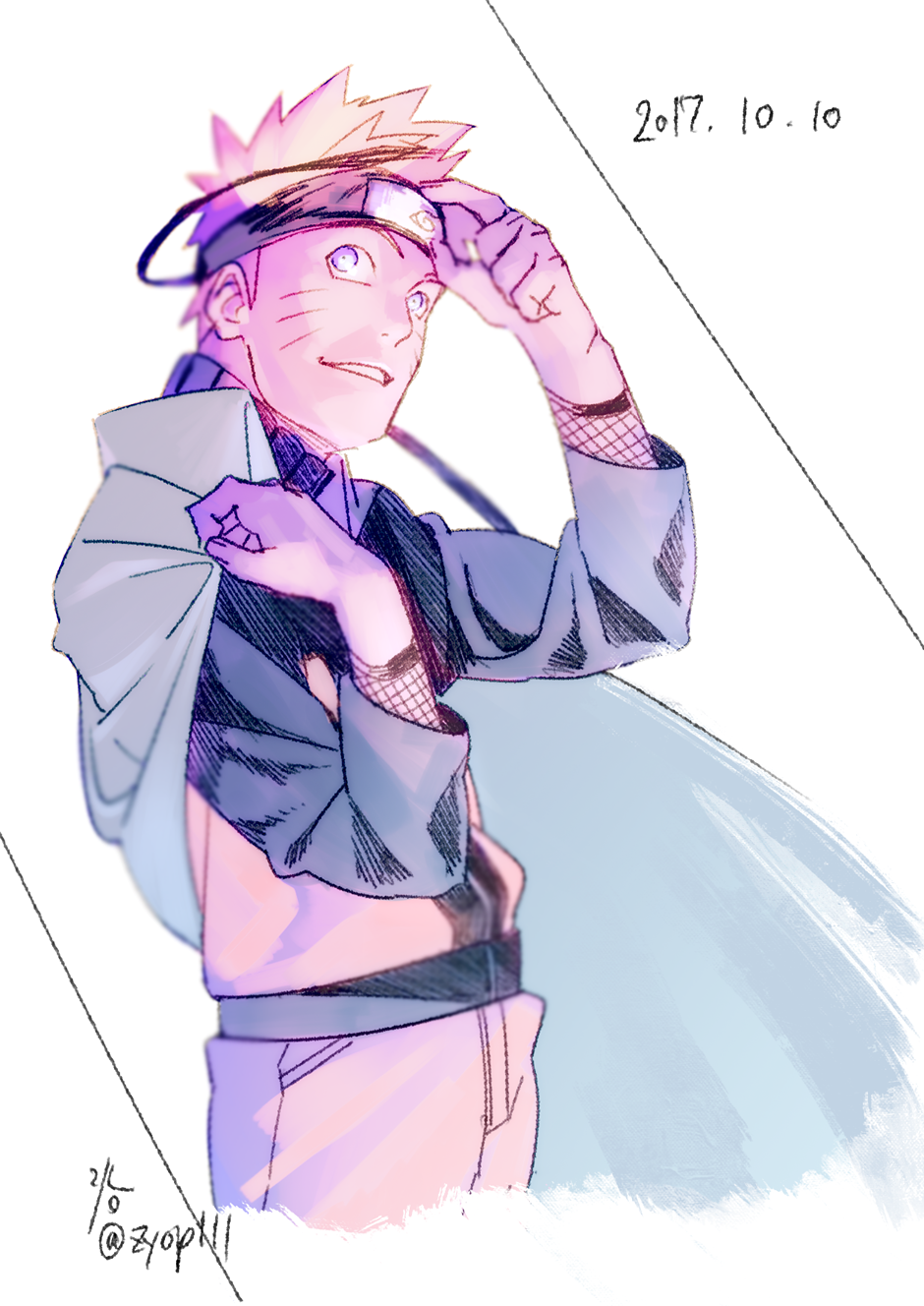 1boy blue_eyes dated fishnets forehead_protector grin highres jacket long_sleeves male_focus naruto_(series) naruto_shippuuden ninja orange_jacket orange_pants pants short_hair simple_background smile solo spiked_hair teeth uzumaki_naruto white_background zifletts
