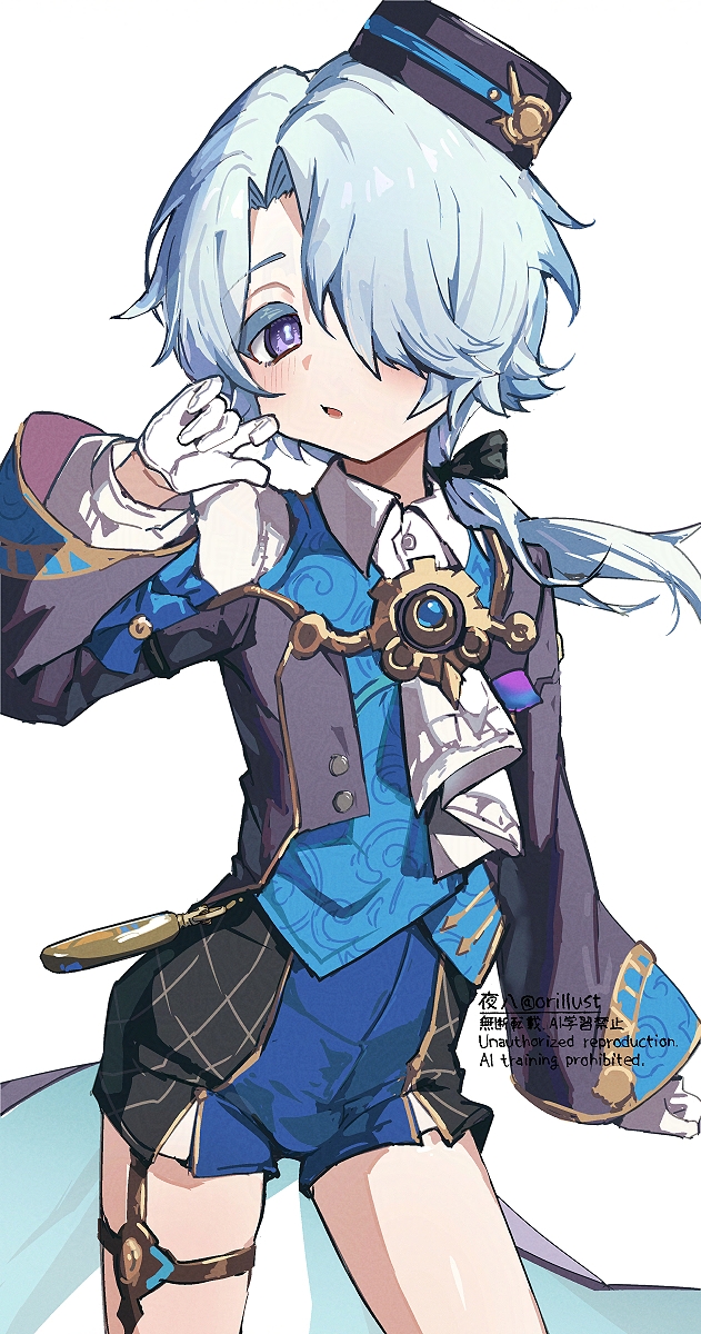 1boy black_hat black_jacket black_ribbon blue_hair blue_vest blush commentary_request gloves hair_over_one_eye hair_ribbon hat highres honkai:_star_rail honkai_(series) jacket long_hair long_sleeves looking_at_viewer male_focus misha_(honkai:_star_rail) parted_lips purple_eyes ribbon shirt shorts simple_background solo trap vest white_background white_gloves white_shirt yoruhachi