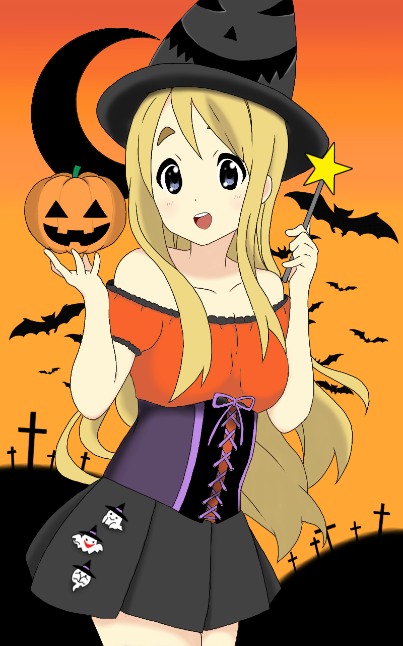 1girl bare_shoulders bat_(animal) blonde_hair blue_eyes breasts collarbone cross ghost halloween halloween_costume hat highres holding holding_jack_o_lantern jack-o&#039;-lantern k-on! kotobuki_tsumugi long_hair medium_breasts moon nekonopapa open_mouth skirt solo standing star_(symbol) teeth wand witch witch_hat