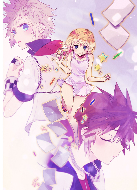 1girl 2boys :o anoko_(darenokoanoko) blonde_hair blue_eyes brown_hair closed_eyes commentary_request dress jacket jewelry kingdom_hearts kingdom_hearts:_chain_of_memories kingdom_hearts_ii long_hair looking_at_viewer multiple_boys namine necklace paper pointy_hair profile roxas short_dress short_hair short_sleeves sleeping sleeveless sleeveless_dress sora_(kingdom_hearts) star_(symbol) white_dress white_jacket