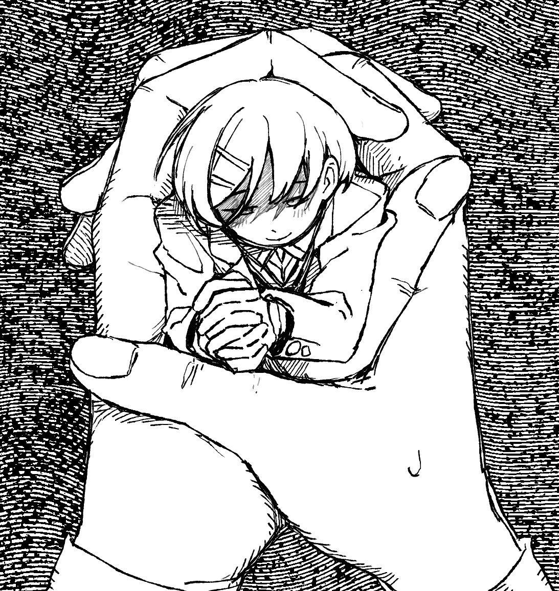 1girl 1other blazer blush buttoned_cuffs buttons collared_shirt futsuu_no_keion-bu greyscale hair_ornament hairpin holding holding_mini_person jacket kouyama_rin light_smile looking_at_viewer mini_person minigirl monochrome own_hands_clasped own_hands_together pixie_cut rra_(yj) school_uniform shirt short_hair size_difference
