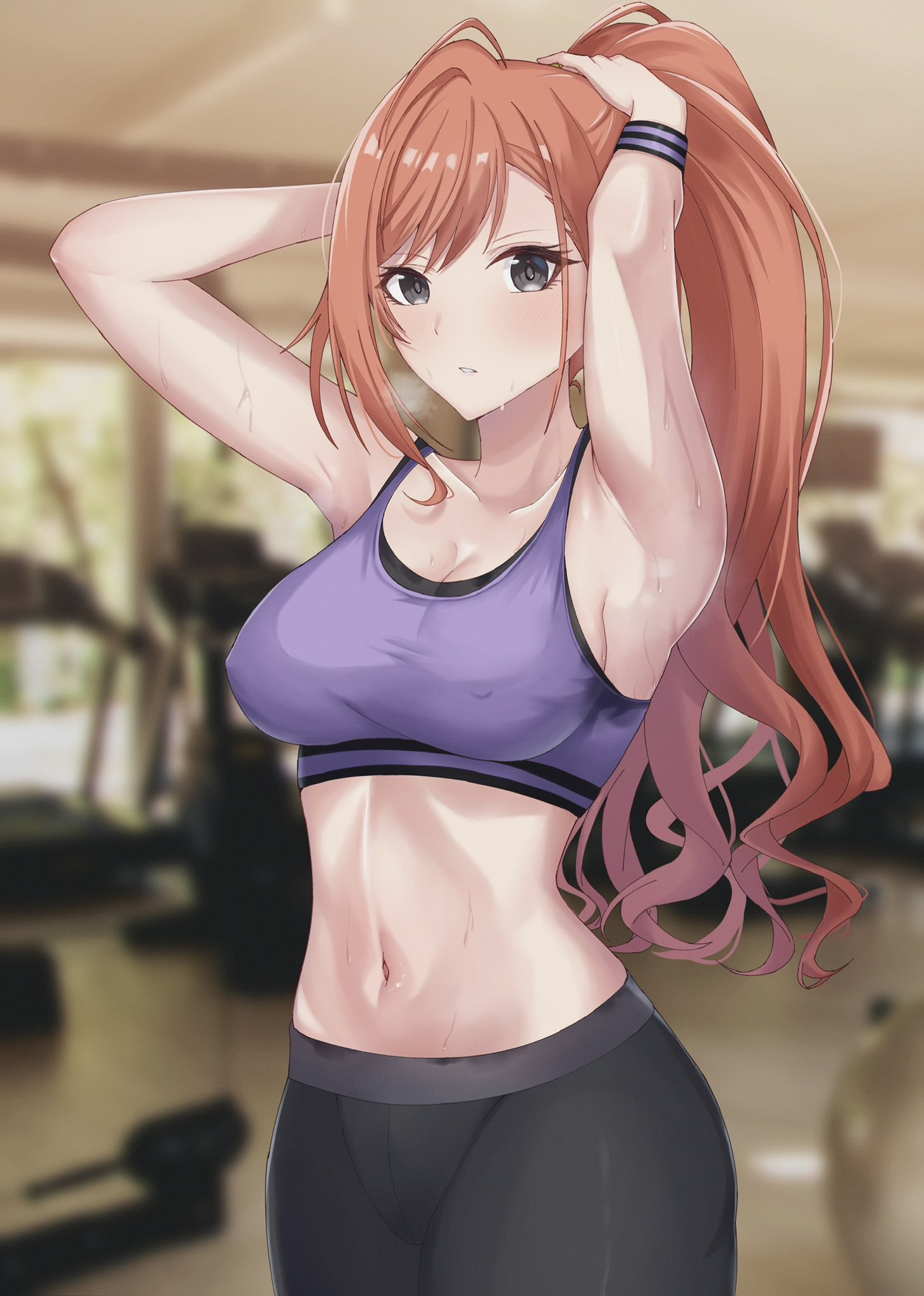 1girl 777nasu ahoge arisugawa_natsuha armpits arms_up bare_shoulders black_eyes black_pants blurry blurry_background blush breasts cleavage collarbone covered_erect_nipples cowboy_shot cropped_shirt gym gym_pants heavy_breathing highres idolmaster idolmaster_shiny_colors large_breasts long_hair looking_at_viewer midriff navel orange_hair pants parted_lips photo_background purple_shirt shirt sleeveless sleeveless_shirt solo standing sweat two-tone_wristband tying_hair