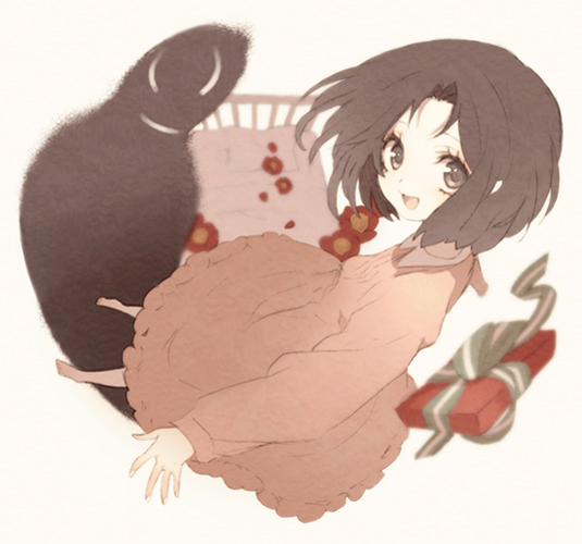 1girl barefoot bed brown_eyes brown_hair dress fate/strange_fake fate_(series) flower gift guilty kuruoka_tsubaki pale_rider_(fate) short_hair tsumi_guilty