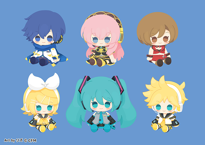 2boys 4girls aqua_eyes aqua_hair aqua_necktie arm_tattoo artist_name black_dress black_footwear black_sailor_collar black_skirt blonde_hair blue_background blue_eyes blue_footwear blue_hair blue_scarf blush bow brown_eyes brown_footwear brown_hair closed_mouth coat collared_shirt copyright_name cropped_jacket detached_sleeves dress english_text full_body grey_shirt hair_bow hatsune_miku headphones headset kagamine_len kagamine_rin kaito_(vocaloid) long_hair megurine_luka meiko_(vocaloid) multiple_boys multiple_girls neckerchief necktie number_tattoo official_art pink_hair red_skirt rizu_(rizunm) sailor_collar scarf shirt shoes single_detached_sleeve sitting skirt smile swept_bangs tattoo tie_clip very_long_hair vocaloid white_bow white_coat white_shirt yellow_neckerchief yellow_necktie yellow_shoes