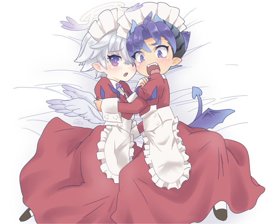2boys alternate_costume angel angel_and_devil angel_wings apron blue_hair blush crossdressing demon_boy demon_tail demon_wings enmaided fang full_body halo horns inuzumi looking_at_viewer low_wings luke_venus maid maid_apron maid_headdress male_focus mini_wings multiple_boys on_bed open_mouth pointy_ears pop-up_story purple_eyes silver_hair simple_background tail waist_apron white_background wings ziz_glover