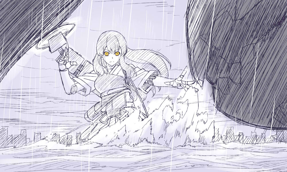 1girl akagi_(kancolle) buzzsaw_(basso) circular_saw crimson_typhoon h-new hong_kong jaeger_(pacific_rim) kantai_collection legendary_pictures monochrome ocean otachi pacific_rim parody rain saw spot_color yellow_eyes