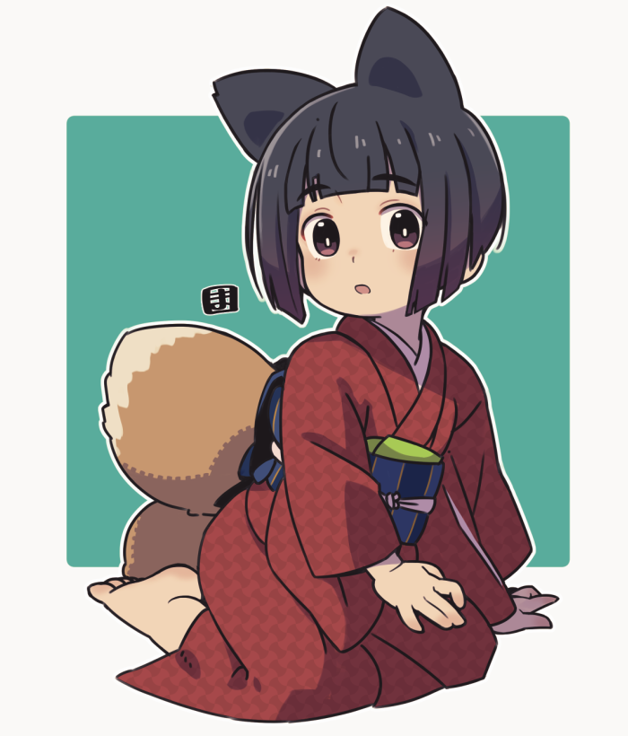 1girl animal_ears barefoot black_hair border brown_eyes commentary_request fox_ears fox_girl fox_tail full_body green_background grey_border japanese_clothes kimono kitsune kukuri_(mawaru) long_sleeves looking_at_viewer mawaru_(mawaru) obi original parted_lips red_kimono sash short_hair solo tail wide_sleeves