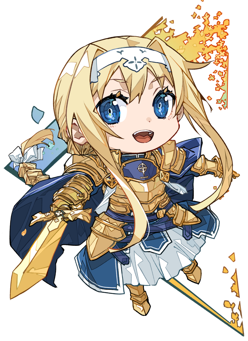 1girl alice_zuberg armor armored_dress blonde_hair blue_cape blue_eyes body_armor braid braided_ponytail breastplate bunbun cape chibi dress glowing glowing_sword glowing_weapon gold_armor gold_gloves hairband highres holding holding_sword holding_weapon knight long_hair long_sleeves open_mouth osmanthus_blade plate_armor sword sword_art_online sword_art_online:_alicization unsheathed weapon white_hairband