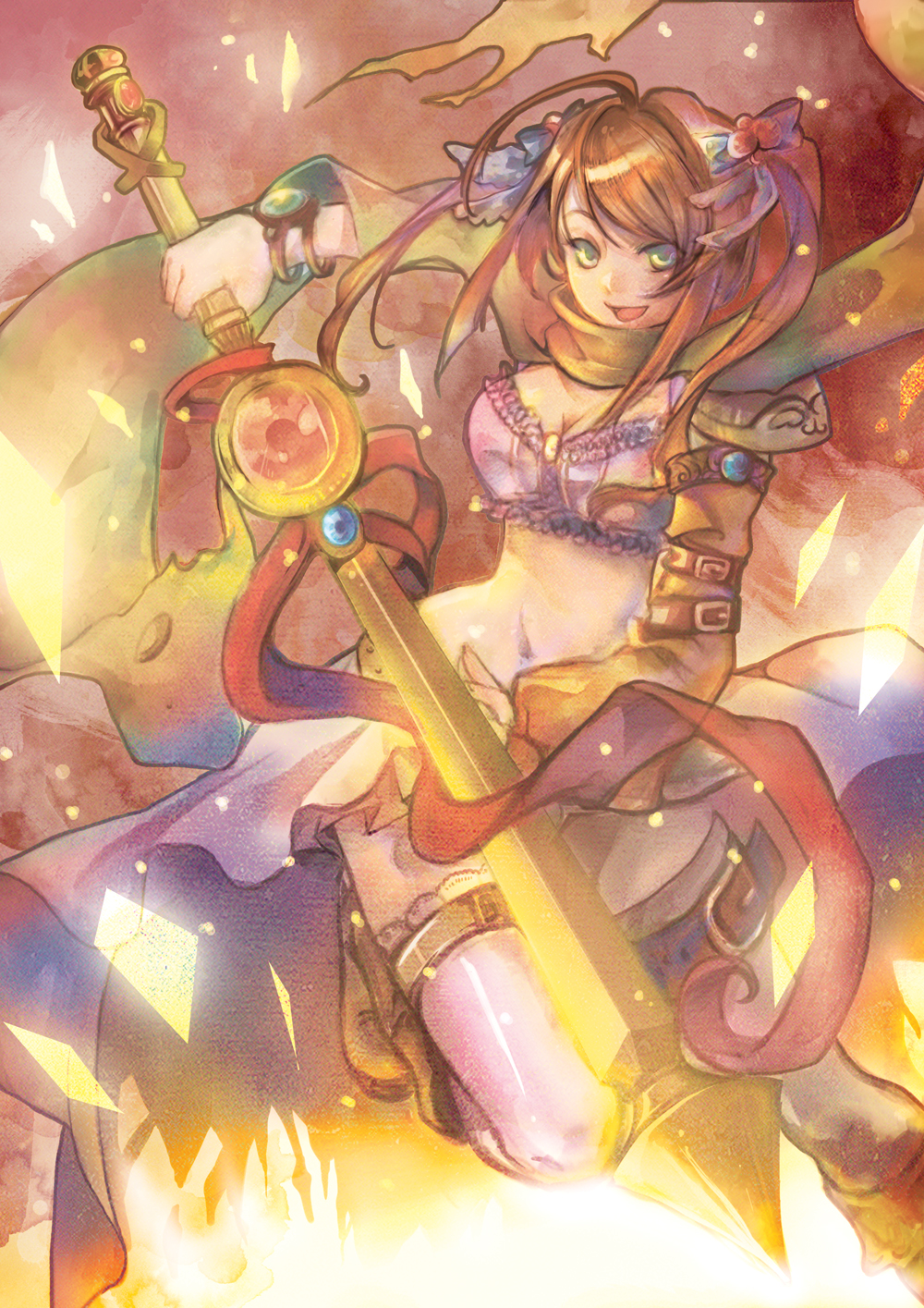 1girl :d ahoge arm_belt asymmetrical_footwear blue_eyes blue_ribbon bodice bracelet breasts brown_hair brown_shoes character_request commentary copyright_request english_commentary fantasy fire gem golden_sword green_eyes green_gemstone green_scarf hair_ribbon highres holding holding_sword holding_weapon jewelry jumping leg_belt looking_at_viewer medium_breasts medium_hair mimitsoi mismatched_footwear navel open_mouth original parted_lips purple_skirt red_gemstone red_ribbon ribbon scarf shoes single_shoulder_pad skirt smile solo stomach sword weapon