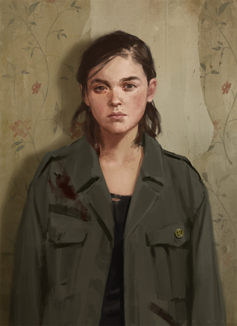 1girl ashley_swidowski black_shirt blood brown_eyes brown_hair concept_art ellie_(the_last_of_us) female_focus jacket official_art pocket ponytail shirt solo the_last_of_us_(series) the_last_of_us_2 wallpaper_(object)