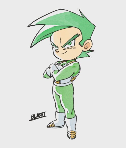 1boy artist_name bodysuit boots cosmo_(fairly_oddparents) crossed_arms dragon_ball full_body green_bodysuit green_eyes green_hair signature simple_background solo the_fairly_oddparents toriyama_akira_(style) white_background white_boots xxsky64xx