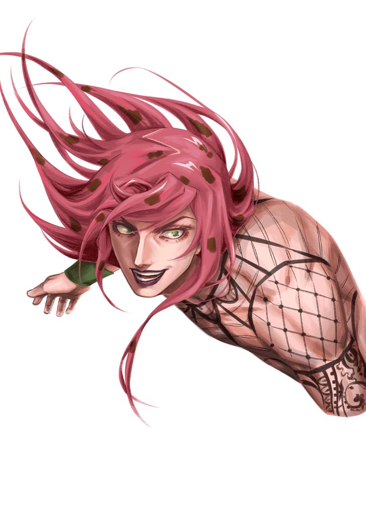1boy cropped_torso diavolo fishnet_top fishnets green_eyes hashtag-only_commentary jacqueline9723 jojo_no_kimyou_na_bouken lips lipstick long_hair makeup male_focus pink_hair simple_background solo teeth vento_aureo white_background