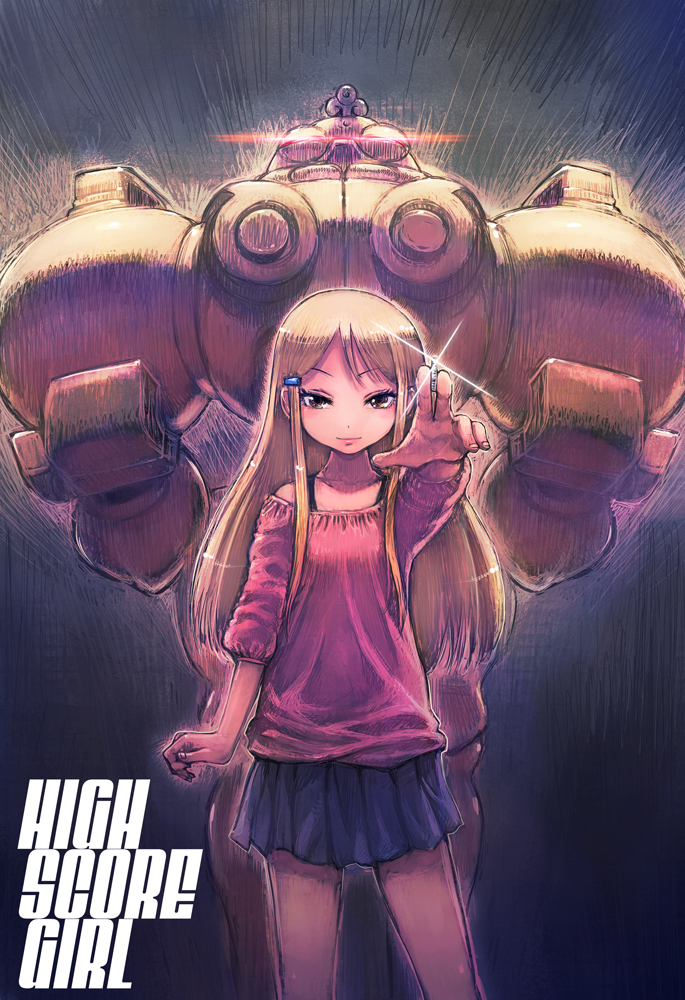 10s 1girl blonde_hair boyaking brown_eyes coin diffraction_spikes hair_ornament hairclip hidaka_koharu high_score_girl long_hair looking_at_viewer huitzil_(darkstalkers) skirt sparkle darkstalkers