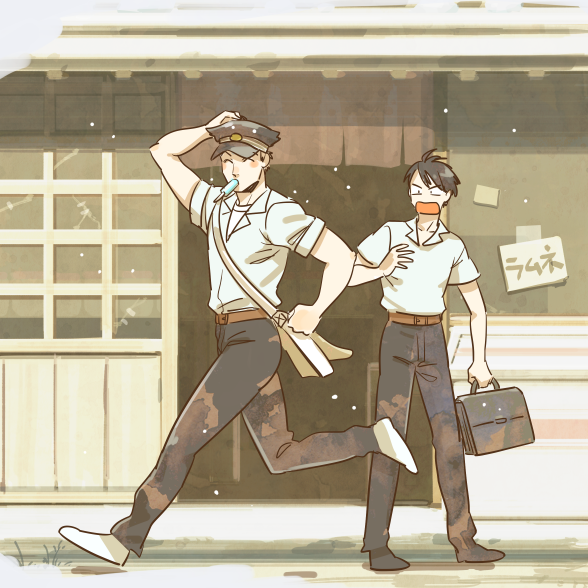 2boys arm_up artist_request bad_id bad_pixiv_id bag black_hair blonde_hair cross_scar day facial_scar food food_in_mouth full_body glasses hand_on_headwear hat holding holding_bag kawabuchi_sentarou looking_at_another male_focus military_hat mouth_hold multiple_boys nishimi_kaoru outdoors popsicle running sakamichi_no_apollon scar scar_on_cheek scar_on_face school_bag short_hair surprised