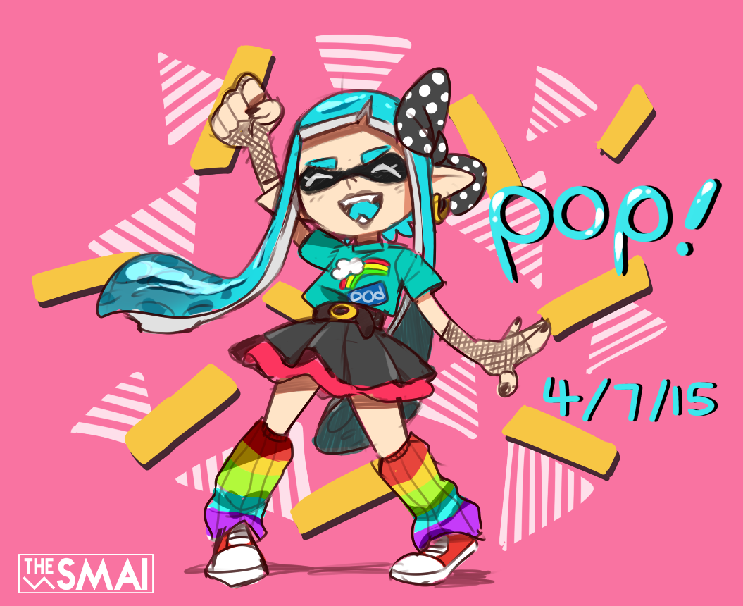 1girl artist_name bad_id bad_tumblr_id blue_hair bow dated fangs female_focus fingerless_gloves fist_pump gloves hair_bow inkling inkling_girl inkling_player_character leg_warmers nail_polish nintendo pink_background pointy_ears sami_(artist) sami_briggs shoes simple_background skirt sneakers solo splatoon_(series) splatoon_1 striped_background tentacle_hair tentacles