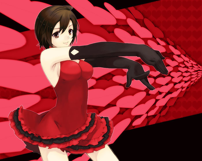 1girl brown_eyes brown_hair change_me_(vocaloid) dress elbow_gloves female_focus gloves meiko_(vocaloid) project_diva project_diva_(series) project_diva_2nd red_dress red_skirt meiko_(scarlet)_(vocaloid) shiraki shirojiro_shiro short_dress short_hair skirt smile solo vocaloid