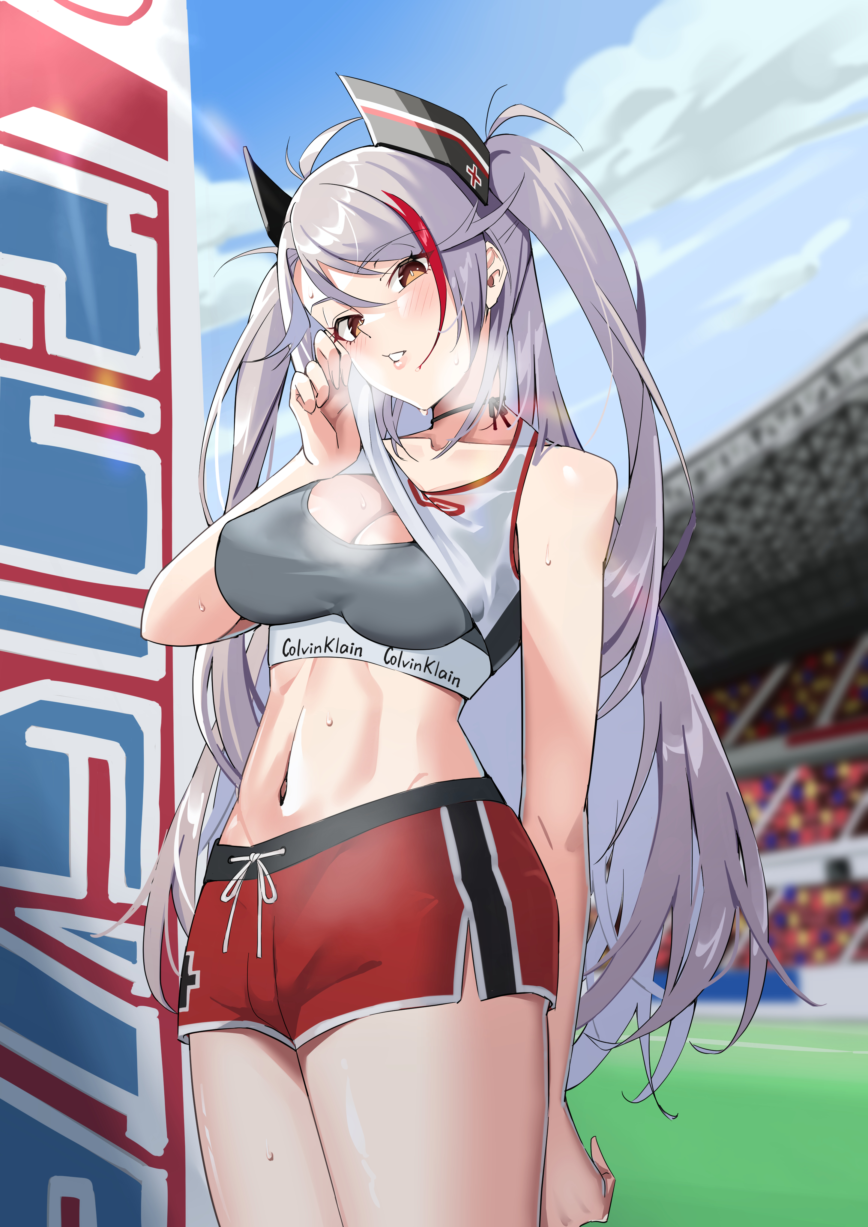 1girl absurdres azur_lane black_choker breasts breath calvin_klein choker cleavage crop_top grey_hair highres large_breasts long_hair medium_breasts midriff multicolored_hair navel nukege_ojisan official_alternate_costume prinz_eugen_(azur_lane) prinz_eugen_(brilliant_touchdown)_(azur_lane) red_shorts shorts solo sports_bra stadium streaked_hair twintails wiping_sweat wiping_with_clothes