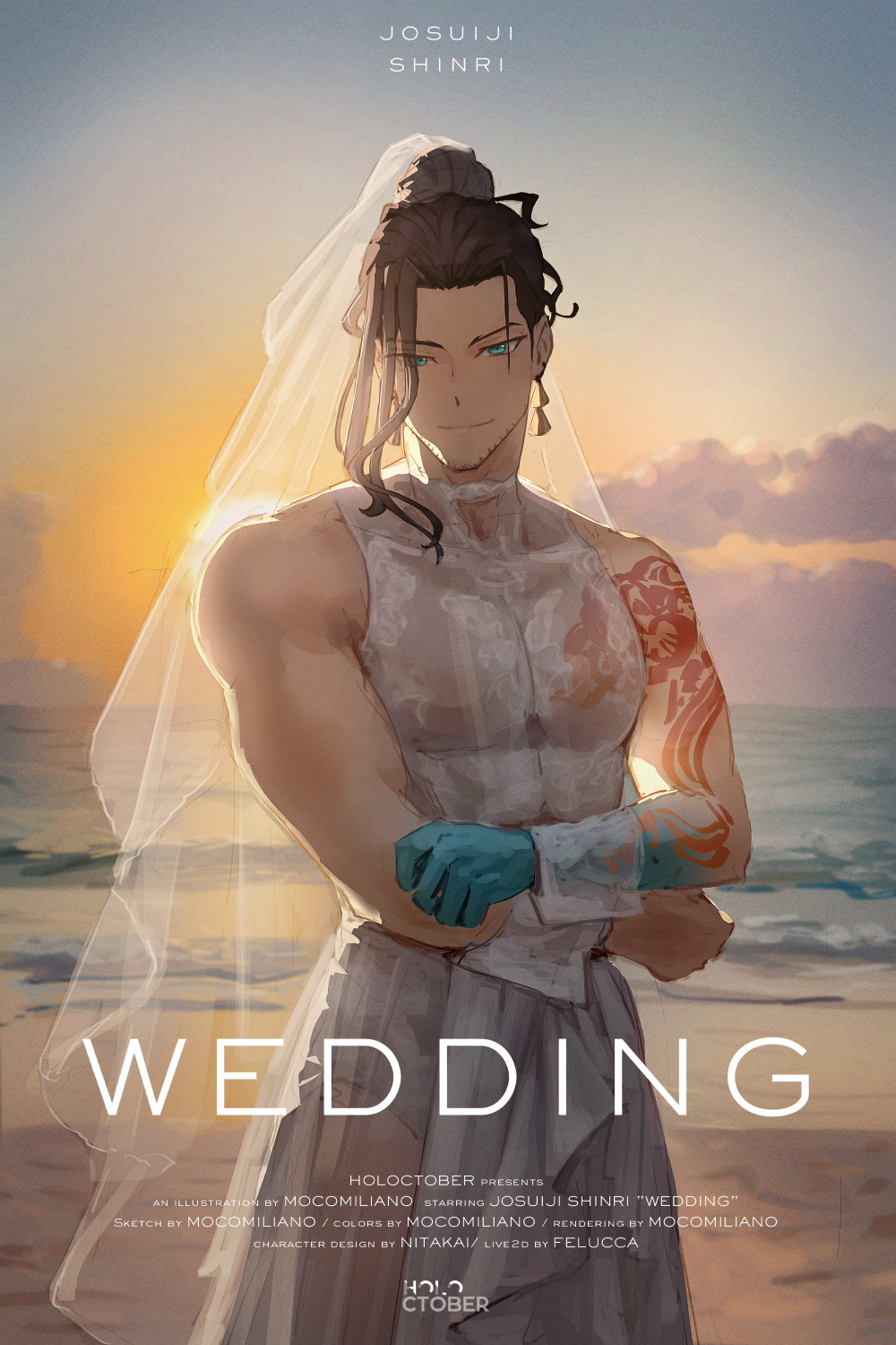 1boy abs alternate_costume alternate_hairstyle arm_tattoo artist_name beach beard_stubble black_hair blue_eyes bridal_veil character_name closed_mouth cloud collarbone cover cowboy_shot dress earrings english_text evening facial_hair fake_cover hair_bun highres holostars holostars_english jewelry josuiji_shinri light_smile looking_at_viewer mocomiliano muscular muscular_male outdoors sand scenery see-through_clothes see-through_dress sleeveless sleeveless_dress smile solo standing stubble sunset tassel tassel_earrings tattoo three_quarter_view veil virtual_youtuber water waves wedding wedding_dress white_dress white_wrist_cuffs wrist_cuffs