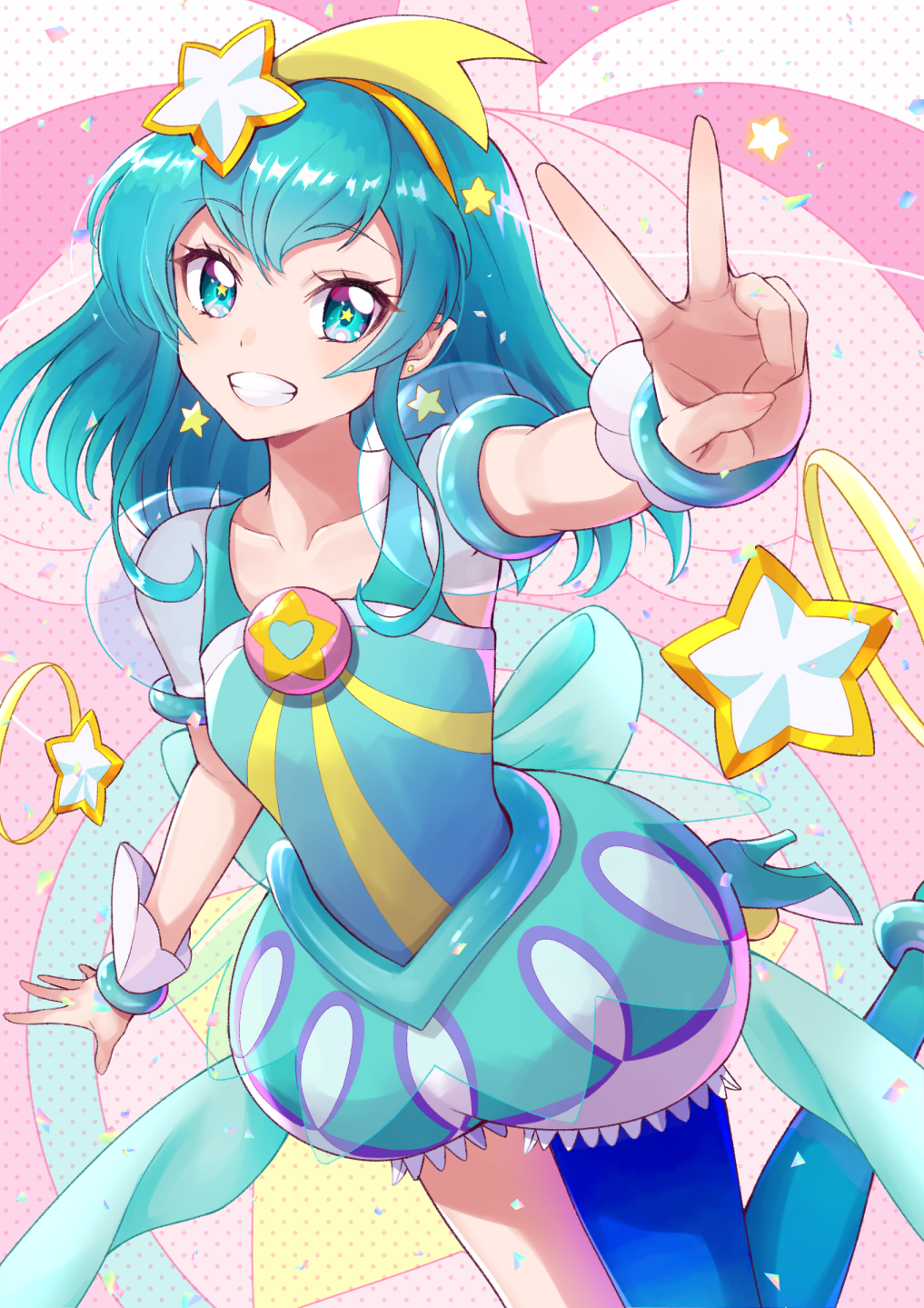 1girl blue_eyes blue_hair blue_legwear collarbone cure_milky earrings floating_hair grin hair_ornament hairband highres jewelry komashiro_n long_hair looking_at_viewer polka_dot polka_dot_background precure puffy_shorts see-through_clothes see-through_sleeves short_shorts short_sleeves shorts single_leg_pantyhose smile solo star-shaped_pupils star_(symbol) star_earrings star_hair_ornament star_twinkle_precure symbol-shaped_pupils v yellow_hairband