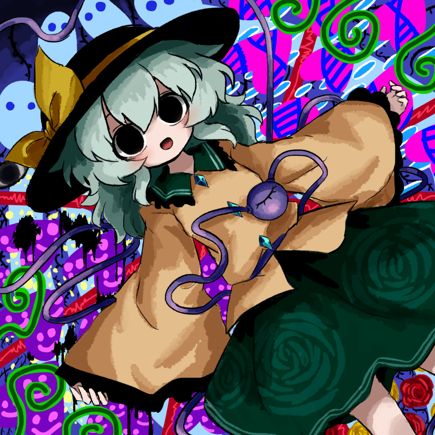 1girl abstract_background black_eyes black_hat blouse bow buttons commentary_request diamond_button drugged feet_out_of_frame floral_print frilled_shirt_collar frilled_sleeves frills green_hair green_skirt hat hat_bow hat_ribbon heripantomorrow komeiji_koishi long_sleeves lying medium_hair on_back open_mouth print_skirt psychedelic ribbon rose_print shirt skirt sleeves_past_wrists solo touhou wide_sleeves yellow_bow yellow_ribbon yellow_shirt