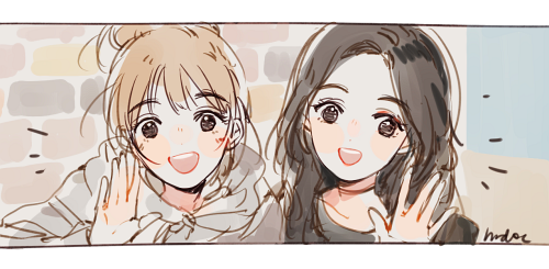 2girls blonde_hair brown_hair choker close-up collarbone commentary english_commentary hair_bun hood hoodie hrd0c irene_(red_velvet) k-pop long_hair looking_at_viewer lowres multiple_girls notice_lines open_mouth real_life red_velvet_(group) signature smile teeth upper_body upper_teeth_only waving wendy_(red_velvet)