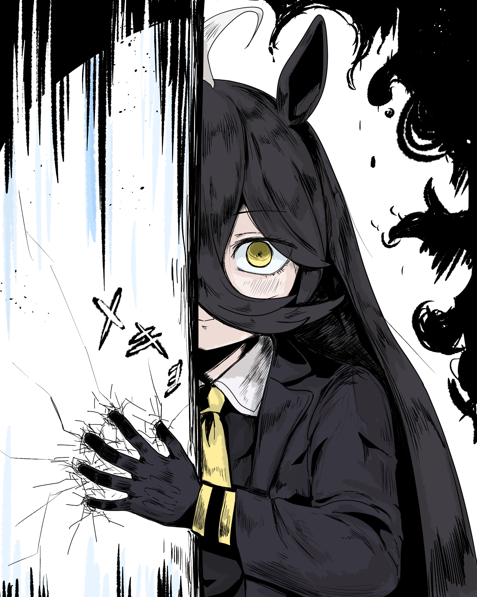 1girl abeyaki ahoge animal_ears black_coat black_gloves black_hair black_shirt blush closed_mouth coat collared_shirt crack cracked_wall gloves hair_between_eyes highres horror_(theme) horse_ears horse_girl long_bangs long_hair long_hair_between_eyes looking_at_viewer manhattan_cafe_(umamusume) multicolored_hair necktie open_clothes open_coat shirt smile solo strong translation_request umamusume very_long_hair white_hair yellow_eyes yellow_necktie