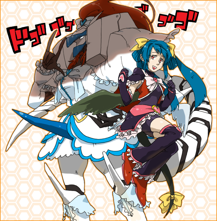2girls 36_gou angel_wings arm_warmers armor asymmetrical_wings bike_shorts bike_shorts_under_skirt black_arm_warmers black_leg_warmers blue_hair boots bow brooch cosplay crossover cure_black cure_black_(cosplay) cure_white cure_white_(cosplay) detached_sleeves dizzy_(guilty_gear) dress frilled_arm_warmers gloves guilty_gear hair_ribbon heart heart_belt heart_brooch honeycomb_(pattern) honeycomb_background jewelry justice_(guilty_gear) leg_warmers long_hair looking_at_viewer mechanical_tail mismatched_wings mother_and_daughter multiple_girls patterned_background pauldrons red_boots red_eyes red_hair ribbon shorts shorts_under_skirt shoulder_armor smile tail tail_bow tail_ornament tail_ribbon twintails very_long_hair white_arm_warmers white_boots white_bow white_dress wings yellow_bow yellow_ribbon