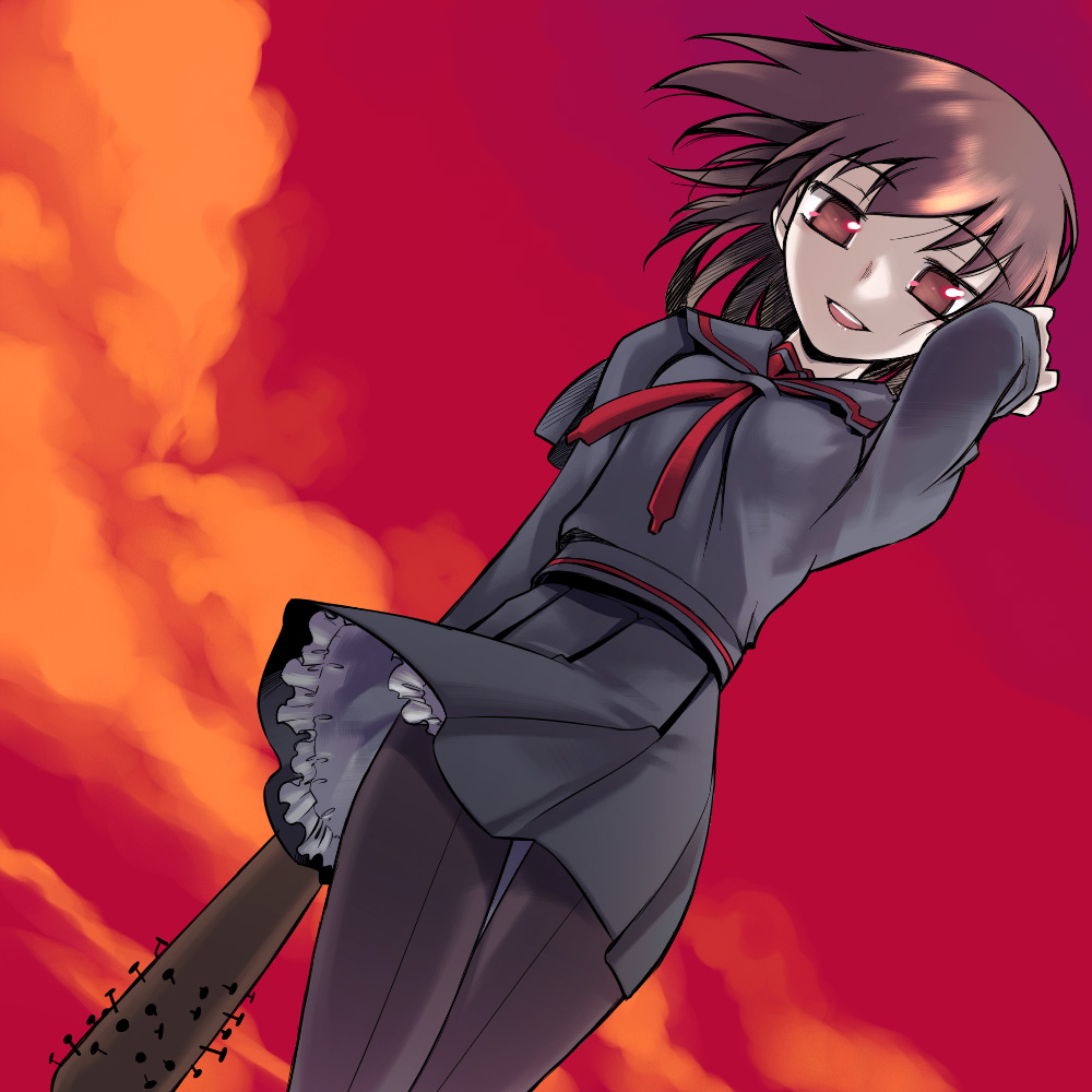 1girl bad_id bad_pixiv_id baseball_bat brown_eyes brown_hair clothes_lift cloud female_focus from_below kurame kusari_hime:_euthanasia nail nail_(hardware) nail_bat nakamura_tetsuya pantyhose red_sky school_uniform serafuku skirt skirt_lift sky solo weapon yandere