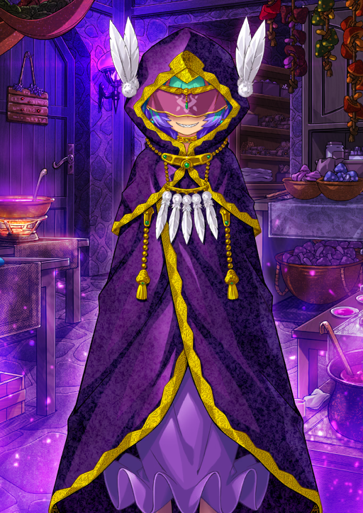 1girl black_(artist) cloak covered_eyes dress fate/grand_order fate_(series) feet_out_of_frame game_cg gold_choker green_hair grin hood hood_up hooded_cloak locusta_(fate) locusta_(first_ascension)_(fate) multicolored_hair official_art pink_blindfold purple_cloak purple_dress purple_hair sharp_teeth short_hair sidelocks smile solo standing teeth third-party_source two-tone_hair variant_set