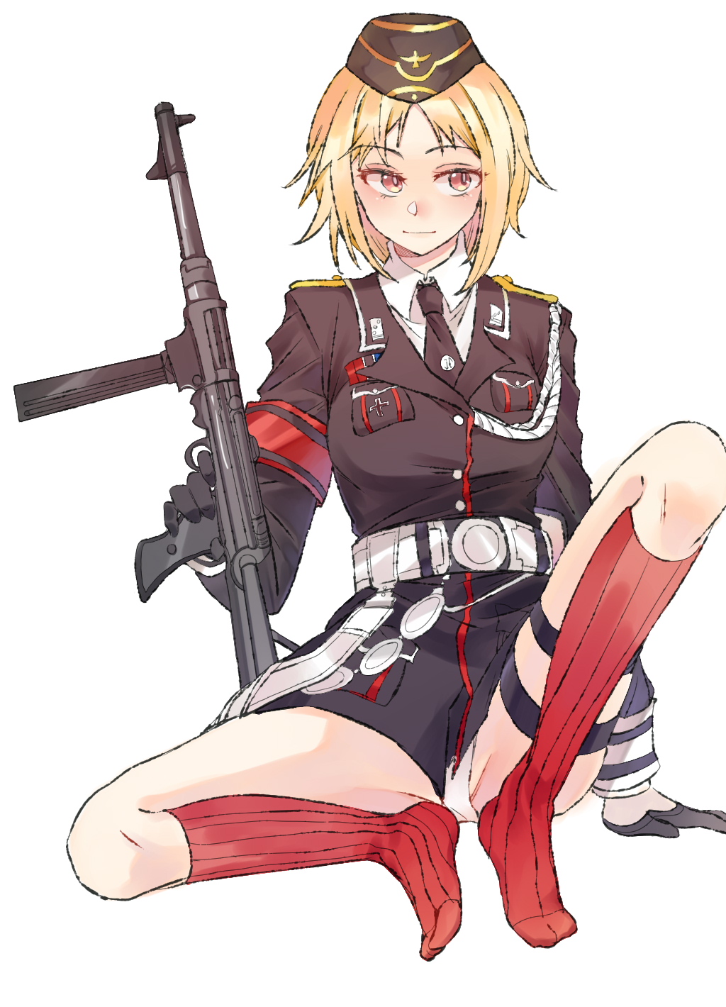1girl blonde_hair girls&#039;_frontline gun hat highres holding holding_weapon jacket military military_hat military_uniform mp40 mp40_(girls&#039;_frontline) red_socks socks solo striped_clothes striped_socks submachine_gun vertical-striped_clothes vertical-striped_socks weapon