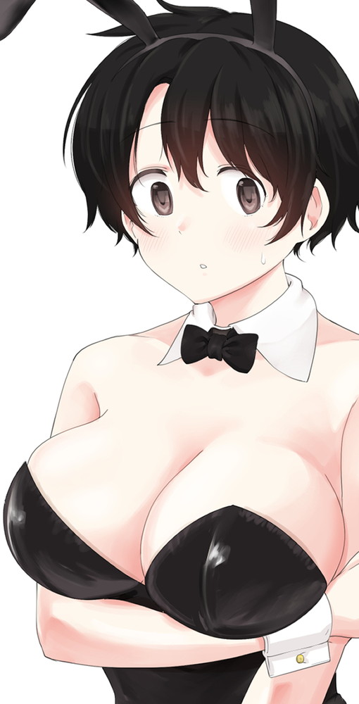 1girl animal_ear_hairband animal_ears arm_under_breasts bare_shoulders black_bow black_bowtie black_hair black_hairband black_leotard bow bowtie breasts brown_eyes cleavage commentary_request detached_collar fake_animal_ears hairband large_breasts leotard looking_at_viewer meika-san_wa_oshikorosenai oka_miyako parted_lips playboy_bunny rabbit_ear_hairband rabbit_ears saitou_shouki short_hair simple_background solo sweatdrop teeth white_background white_wrist_cuffs wrist_cuffs
