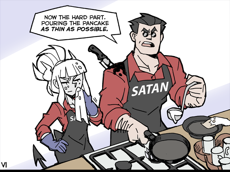 1boy 1girl backstab black_blood blood closed_eyes clothes_lift colored_blood comic demon_girl demon_tail english_text frying_pan gloves helltaker helltaker_(character) kitchen_knife knifed lucifer_(helltaker) mole mole_under_eye red_shirt shirt speech_bubble spoilers stab sunglasses tail tissue vanripper white_hair
