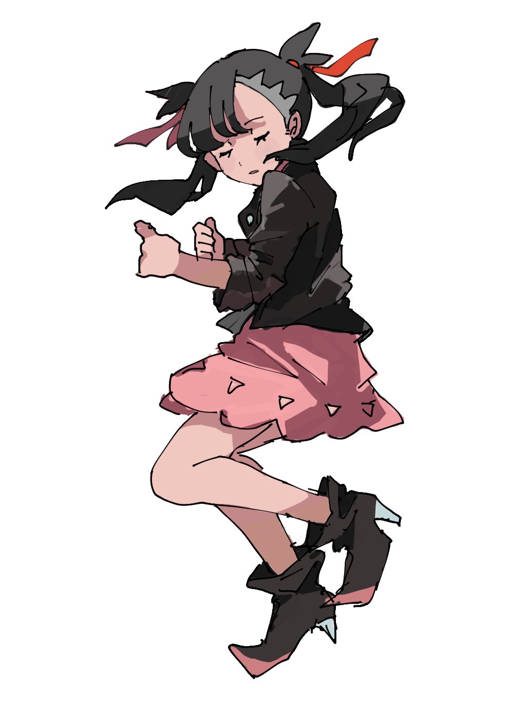 1girl ankle_boots asymmetrical_bangs black_boots black_hair black_jacket boots closed_eyes dress full_body hair_ribbon high_heel_boots high_heels highres jacket long_hair marnie_(pokemon) nintendo open_mouth pink_dress pointy_footwear pokemon pokemon_swsh red_ribbon ribbon shichibee_(stm_mimi) simple_background solo twintails white_background