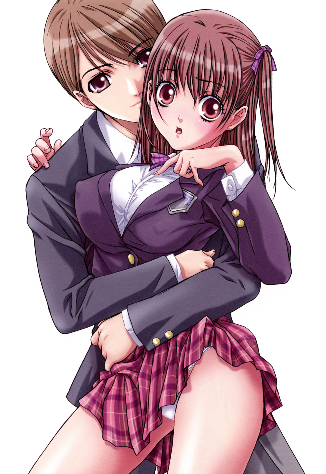 1boy 1girl blazer blush breasts brown_eyes brown_hair cling couple hetero highres hug jacket large_breasts long_hair miniskirt nanno_koto panties pantyshot plaid_clothes plaid_skirt school_uniform side_ponytail skirt underwear upskirt white_panties