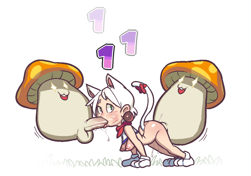 animal_ears ascot bottomless bow breasts cat_ears cat_tail damage_numbers fellatio gloves green_eyes interspecies large_penis maplestory monster mushroom nipples noill oral penis saliva sex short_hair tail uncensored white_hair