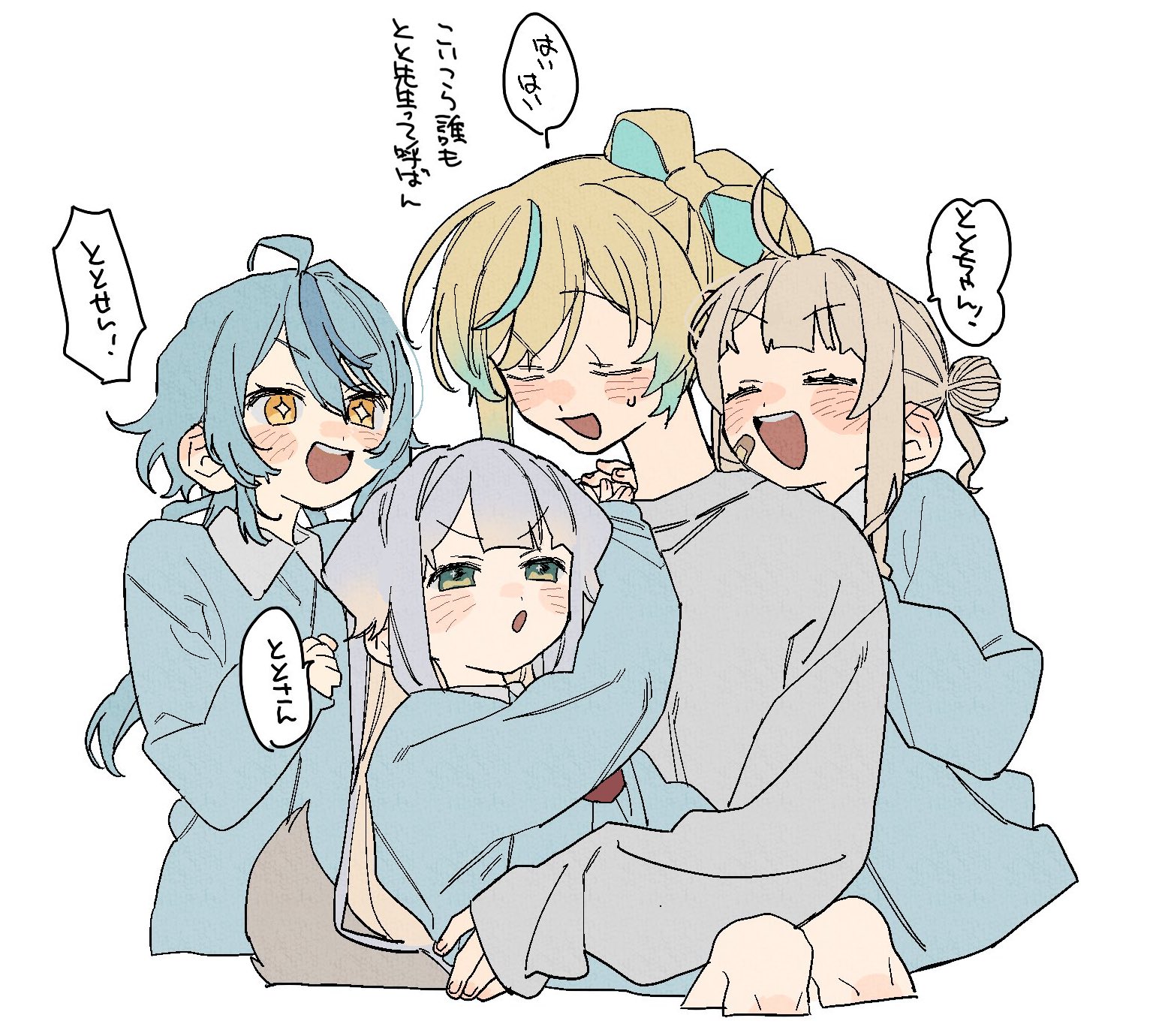 4girls aged_down bandaid bandaid_on_face dayama hair_bun highres kaburaki_roco multiple_girls nijisanji shioriha_ruri sleeves_past_wrists star-shaped_pupils star_(symbol) symbol-shaped_pupils virtual_youtuber white_background