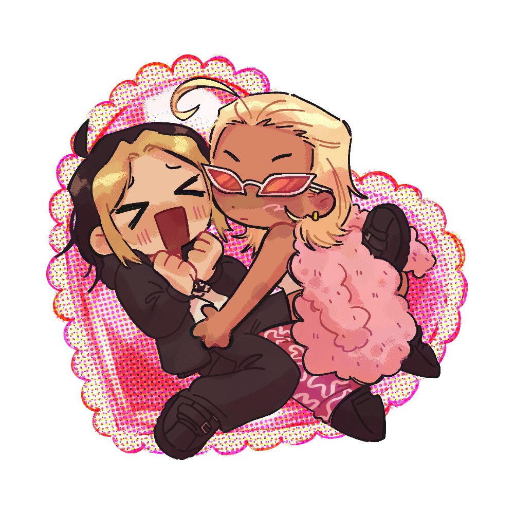 &gt;_&lt; 8wnqt :/ between_legs black_hair blonde_hair border cape chibi chibi_only commission commissioner_insert donquixote_doflamingo earrings full_body fur_jacket genderswap genderswap_(mtf) grin halftone hands_on_another&#039;s_waist heart hoop_earrings jacket jewelry looking_at_viewer loose_hair_strand mullet multicolored_hair on_ground one_piece original ornate_border outside_border pink-tinted_eyewear pink_cape second-party_source seiza sitting smile spread_legs tinted_eyewear vgen_commission