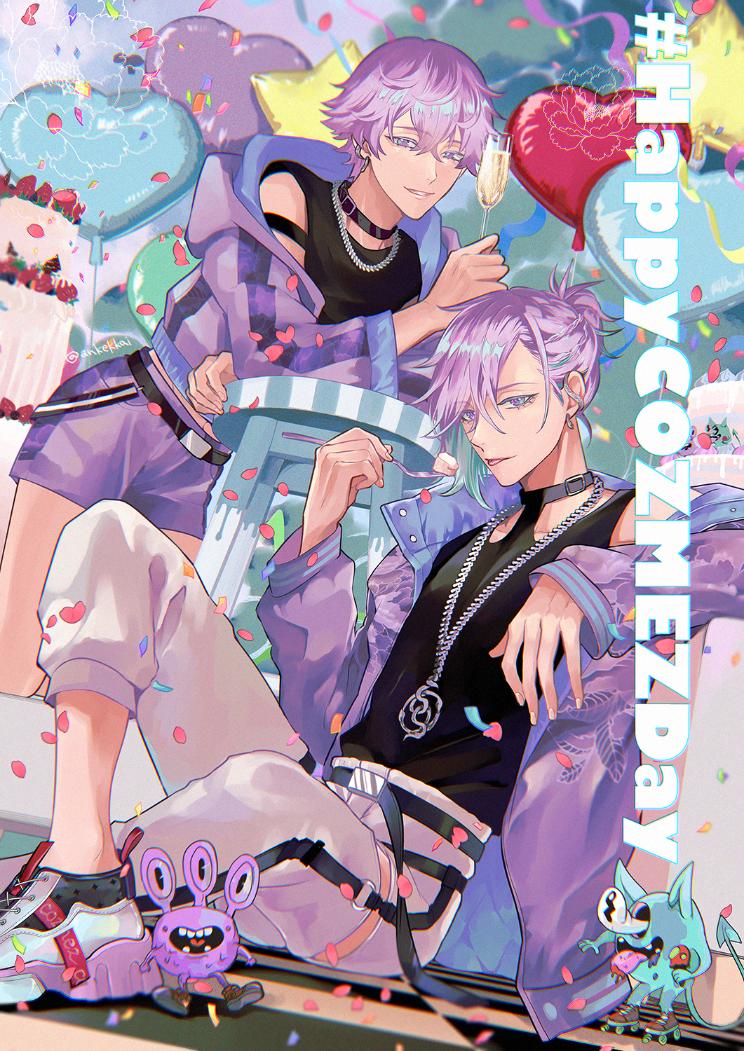 2boys ankekkai balloon belt birthday_cake black_choker black_shirt black_tank_top brothers cake chain chain_necklace choker confetti cup drinking_glass ear_piercing earrings eating food fork fruit heart_balloon highres holding holding_cup holding_spoon jacket jewelry long_sleeves looking_at_viewer male_focus multicolored_hair multiple_boys necklace off_shoulder open_clothes open_jacket pants paradox_live phantometal_(paradox_live) piercing ponytail purple_eyes purple_hair purple_jacket purple_shorts shirt shoes short_hair short_ponytail shorts siblings sitting smile snake_earrings spoon strawberry stuffed_animal stuffed_toy tank_top tongue tongue_out white_pants yatonokami_kanata yatonokami_nayuta