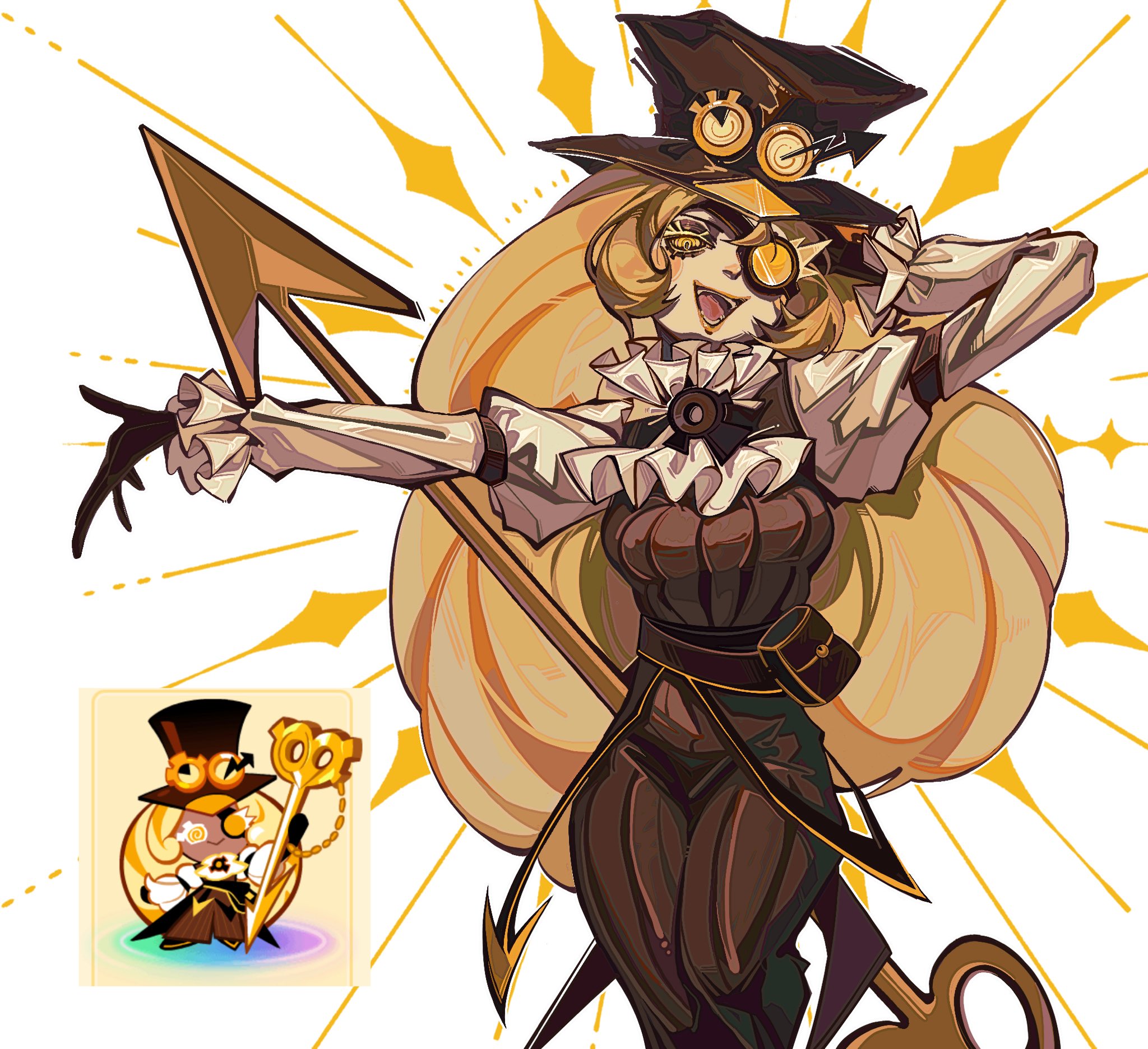 1girl :d alternate_skin_color arrow_(symbol) aynm010330 black_gloves blonde_hair blush_stickers breasts brown_hat chibi chibi_inset commentary cookie_run cookie_run:_ovenbreak english_commentary eyepatch frilled_sleeves frills gears gloves hand_in_own_hair hat highres humanization lips long_hair long_sleeves lowered_eyelids medium_breasts official_art_inset open_mouth orange_lips ouji_fashion pale_skin pants pinstripe_pants pinstripe_pattern ringed_eyes sidelocks smile teeth timekeeper_cookie