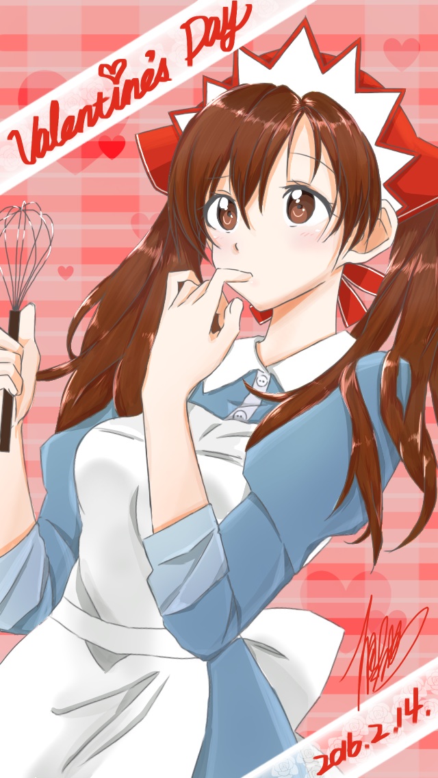 00s 10s 1girl 2016 alicia_melchiott apron blouse blush_stickers brown_eyes brown_hair dated female_focus hair_ribbon heart licking licking_finger long_hair mar0maru ribbon senjou_no_valkyria_(series) shirt signature solo twintails upper_body valentine whisk