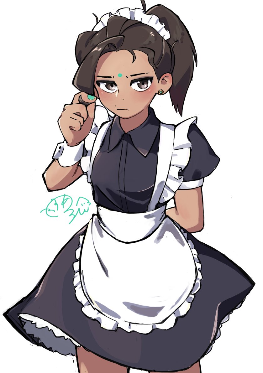 1girl alternate_costume animification apex_legends apron arm_behind_back black_dress brown_eyes brown_hair collared_dress commentary dark-skinned_female dark_skin dress earrings enmaided eyebrow_cut facial_mark forehead_mark frown hair_behind_ear holding holding_own_hair jewelry looking_at_viewer maid mole mole_above_mouth puffy_short_sleeves puffy_sleeves rampart_(apex_legends) short_sleeves simple_background solo suru_melon waist_apron white_apron white_background