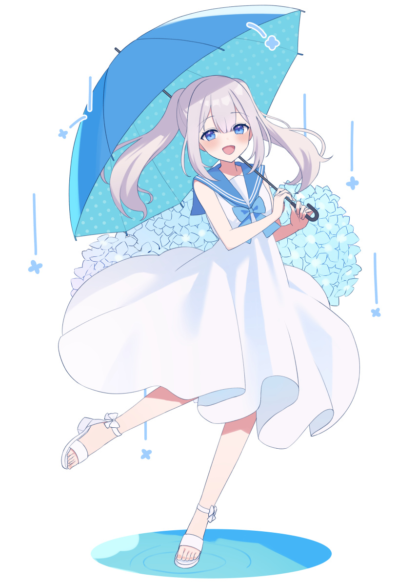 1girl blue_bow blue_bowtie blue_eyes blue_sailor_collar blue_umbrella blush bow bowtie diorama dress flower full_body furutori grey_hair holding holding_umbrella hydrangea long_hair looking_at_viewer open_mouth original sailor_collar sailor_dress sandals school_uniform sidelocks simple_background smile solo standing standing_on_one_leg twintails umbrella white_background white_dress