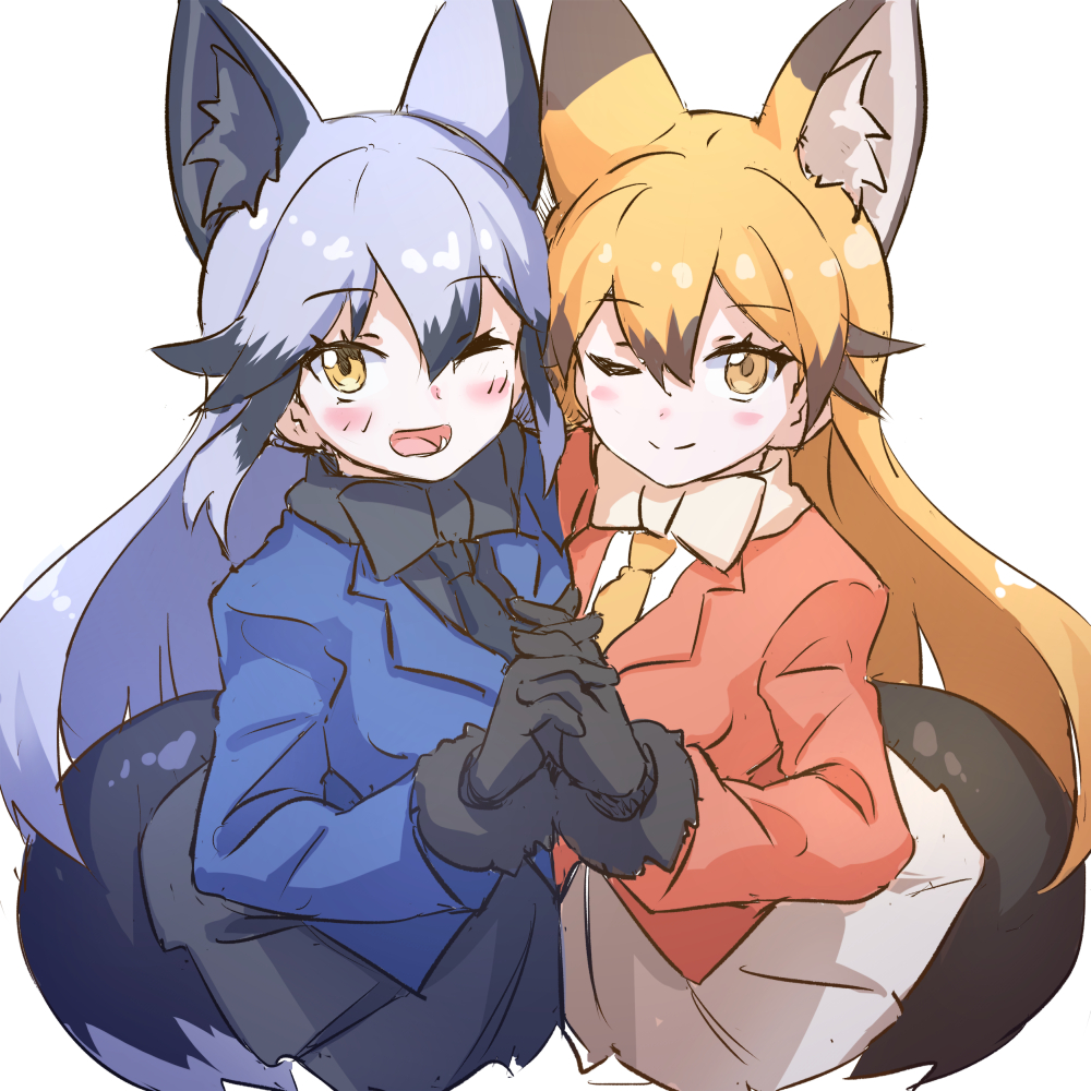2girls animal_ears black_bow black_bowtie black_fur black_hair black_necktie black_shirt black_skirt blue_jacket blush bow bowtie brown_hair extra_ears ezo_red_fox_(kemono_friends) fox_ears fox_girl fox_tail fur_trim grey_hair hair_between_eyes jacket kemono_friends long_sleeves lowlandgorilla multicolored_hair multiple_girls necktie one_eye_closed open_mouth orange_eyes orange_hair orange_jacket orange_necktie own_hands_together pleated_skirt shirt sidelocks silver_fox_(kemono_friends) skirt smile tail white_bow white_bowtie white_shirt white_skirt