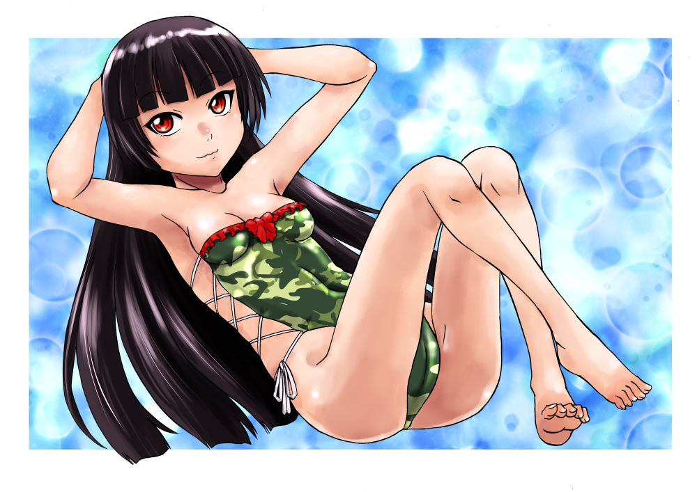 1girl arms_behind_head barefoot bikini black_hair blue_background blunt_bangs camouflage casual_one-piece_swimsuit commentary_request cross-laced_clothes frilled_bikini frills full_body gate_-_jieitai_ka_no_chi_nite_kaku_tatakaeri green_bikini long_hair one-piece_swimsuit red_eyes rory_mercury sao_satoru side-tie_one-piece_swimsuit solo strapless strapless_bikini swimsuit