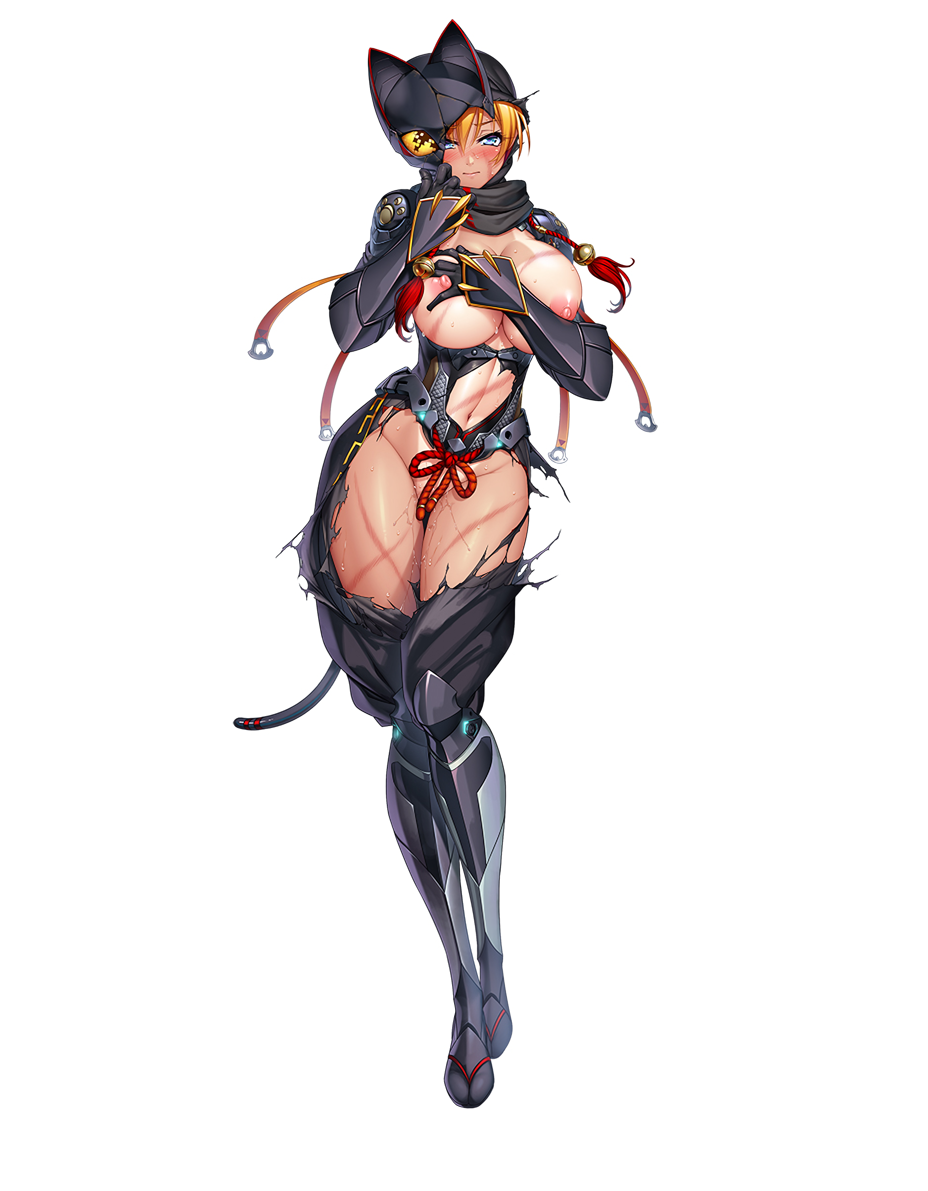 kagami hirotaka, igawa sakura, lilith-soft, taimanin (series), taimanin  asagi, taimanin rpgx, absurdres, highres, official art, 1girl, armor,  blonde hair, blush, breasts, broken armor, curvy, embarrassed, full body,  large breasts, looking at viewer,