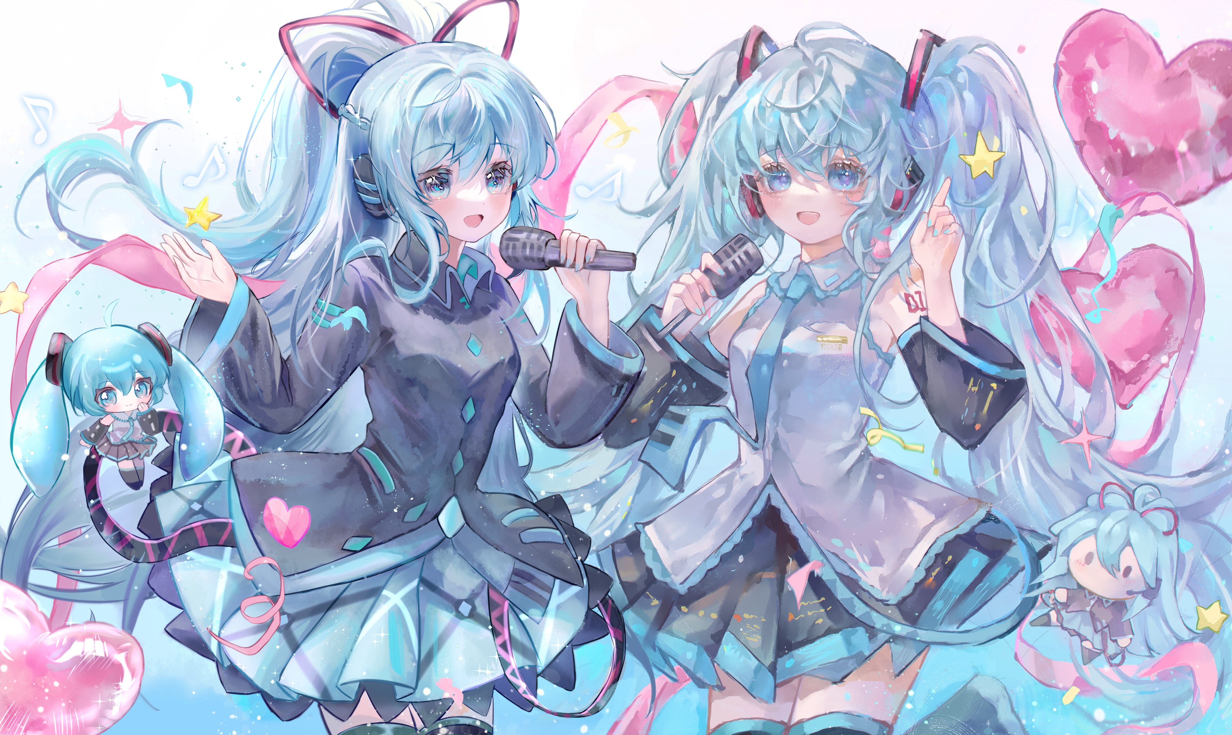 2girls absurdres aqua_eyes aqua_hair aqua_nails aqua_necktie aqua_skirt aqua_trim bare_shoulders black_shirt black_sleeves blush breasts chinese_commentary commentary_request detached_sleeves dual_persona grey_shirt hair_between_eyes hair_ribbon hatsune_miku hatsune_miku_(if) headphones headset highres keran_yezi_dong long_hair long_sleeves miniskirt multiple_girls necktie number_tattoo open_mouth piano_print pleated_skirt ponytail ribbon shirt skirt sleeveless smile tattoo thighhighs twintails very_long_hair vocaloid zettai_ryouiki