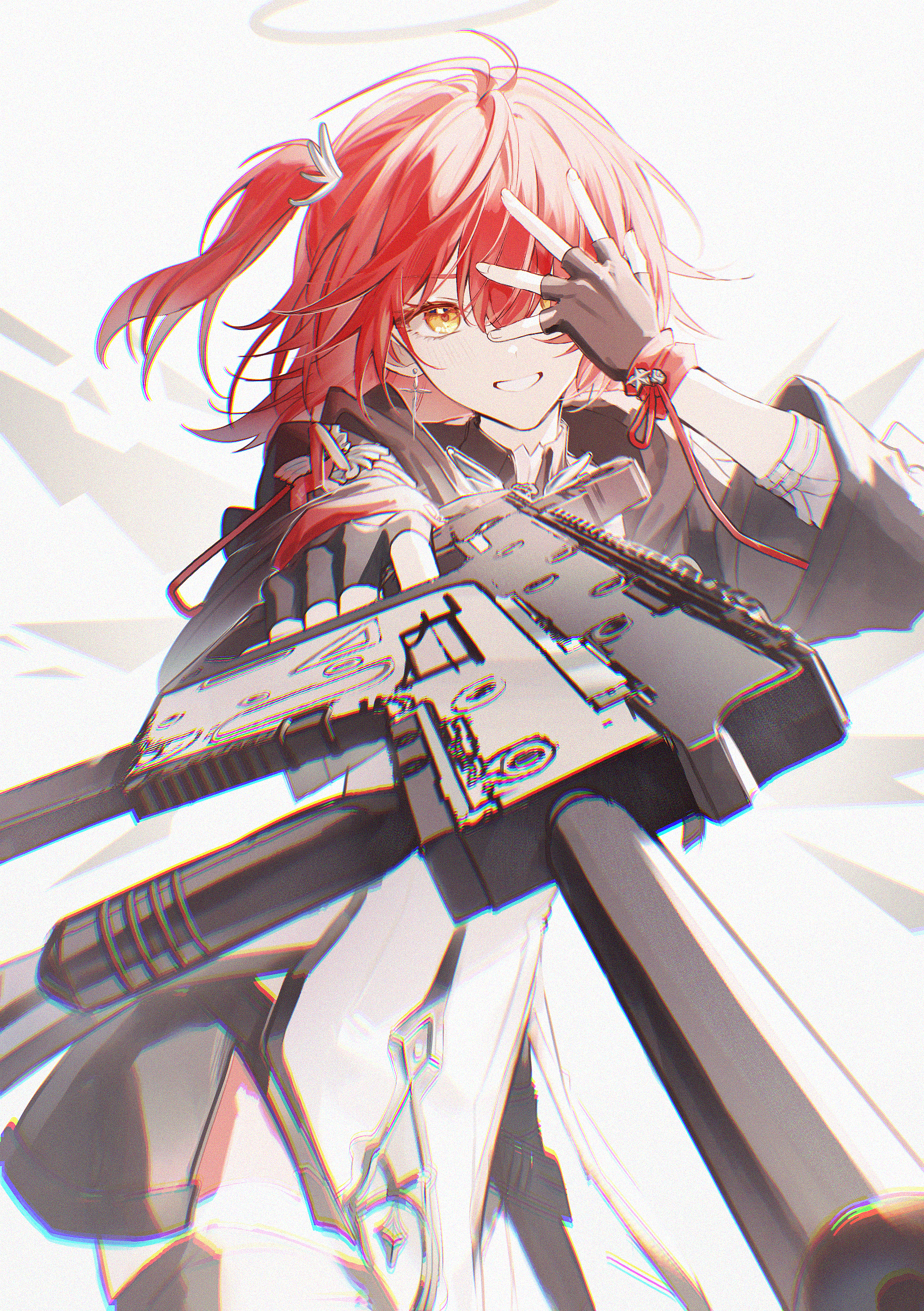 1girl absurdres aiming aiming_at_viewer am00-07 arknights black_gloves commentary_request covering_own_eyes energy_wings exusiai_(arknights) exusiai_the_new_covenant_(arknights) fingerless_gloves gloves grin gun halo hand_over_eye highres holding holding_gun holding_weapon kriss_vector looking_at_viewer one_side_up parted_lips red_hair smile solo submachine_gun suppressor weapon yellow_eyes