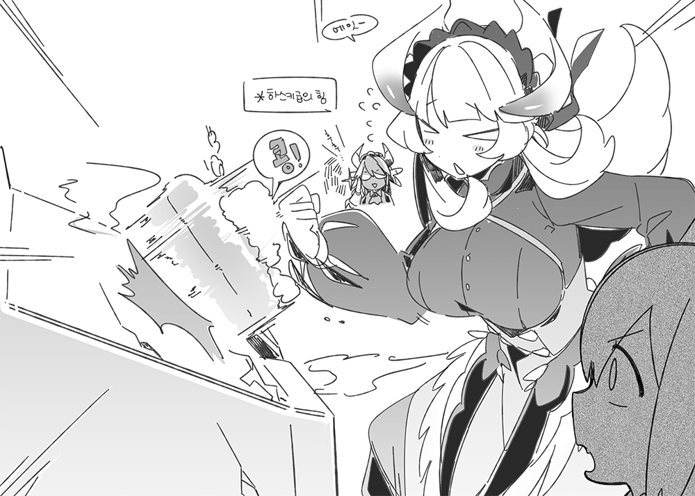 &gt;_&lt; 3_ma_me 3girls chamber_dragonmaid closed_eyes cowboy_shot dragon_girl dragon_horns dress duel_monster greyscale horns house_dragonmaid kitchen_dragonmaid maid maid_headdress monochrome multiple_girls punching simple_background solo_focus white_background yu-gi-oh!